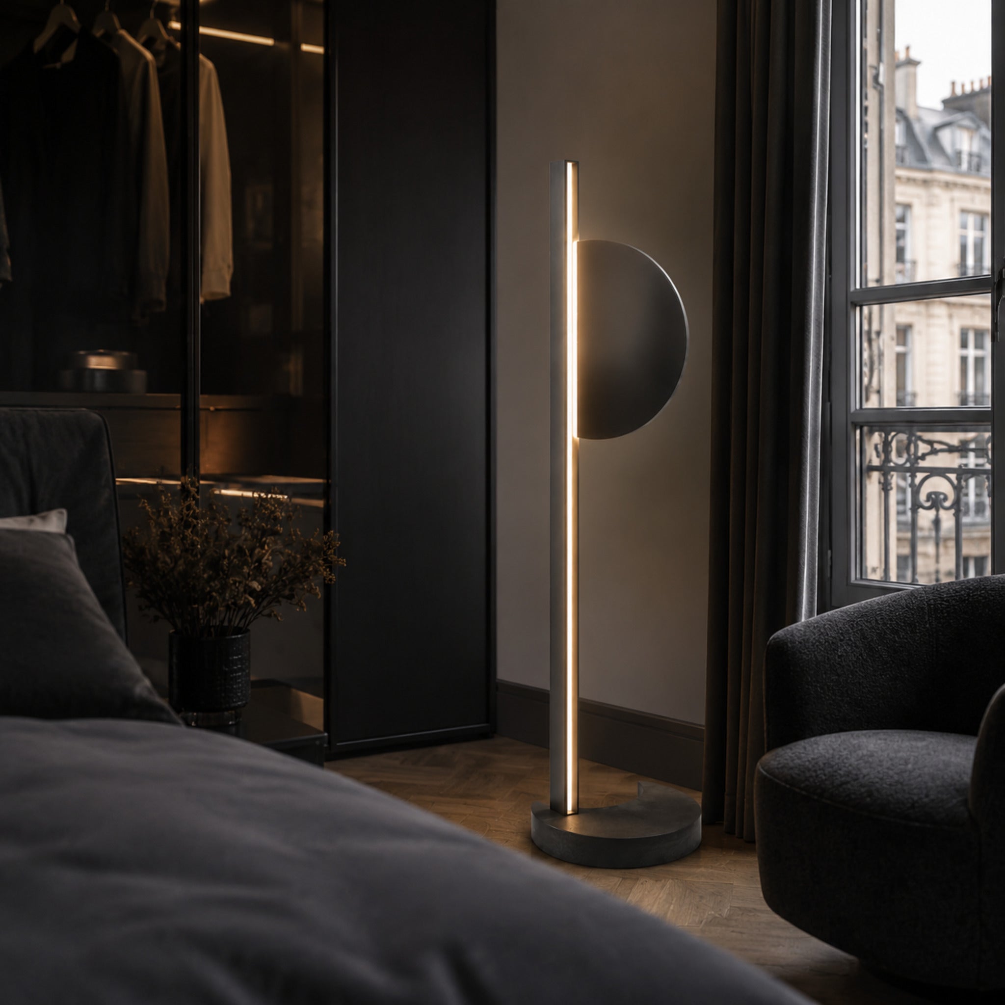 Lampadaire LED Eclipse Verticale – Éclairage design noir contemporain